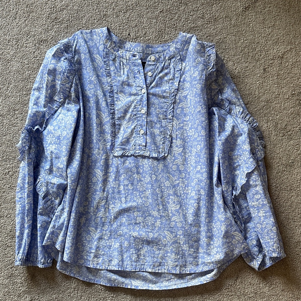 J.Crew Blue Floral Ruffle-Sleeve Women’s Top